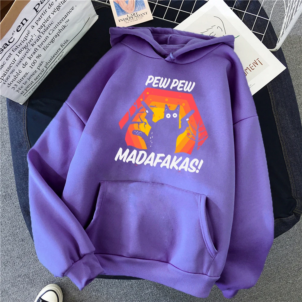 Pew Pew Cat Holding A Handgun Pattern Women Hoody Fashion Pocket Hoodies Autumn All-Match Clothes Fleece Unisex Y2K Hoodie