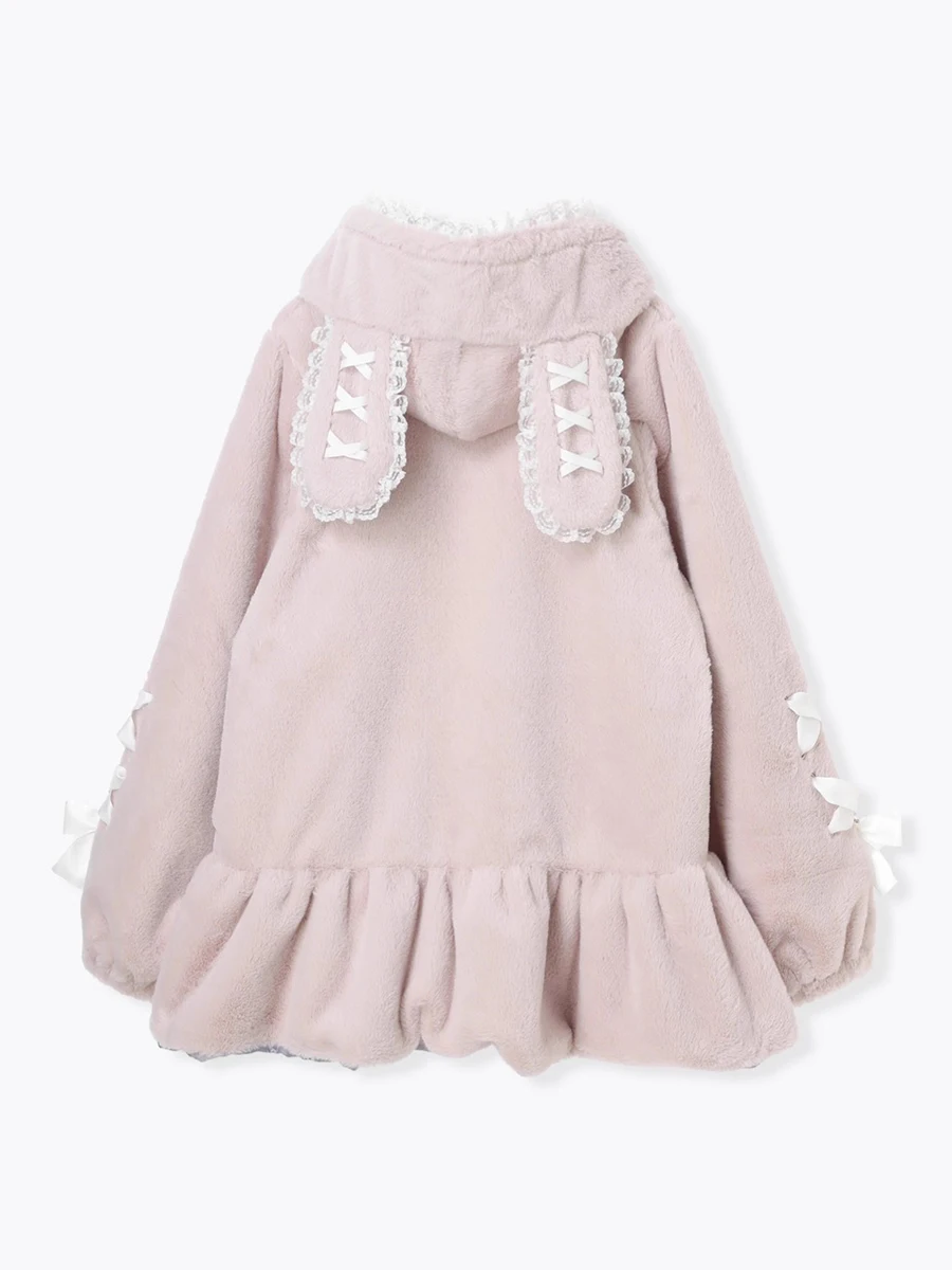 

Lautaro Autumn Winter Sweet Cute Soft Black Faux Fur Coat Women with Bunny Ears Pleated Kawaii Pink Fluffy Jacket Hoodie 2025