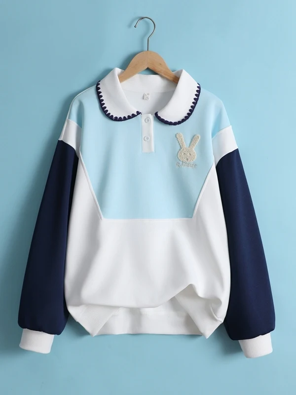

Свободный свитшот с вышивкой в стиле колор-блок и воротником-стойкой для женщин, весна-осень, модный, для старшеклассниц и студенток колледжей