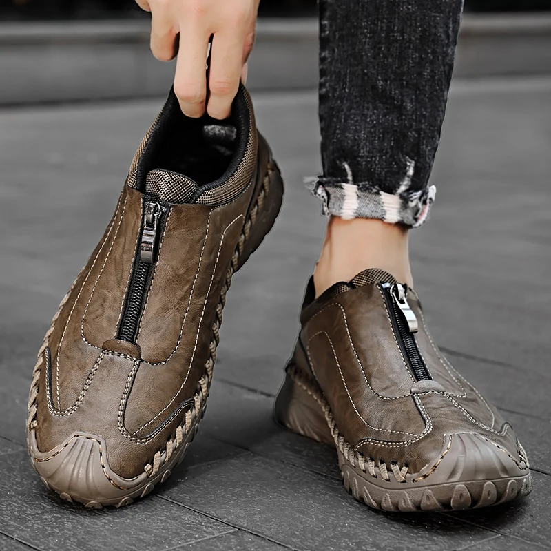 

Classic Zipper Loafers Casual Leather Shoes Men New Fashion Mens Sneakers Handmade Male Oxford Shoes Walking Footwear Sneakers