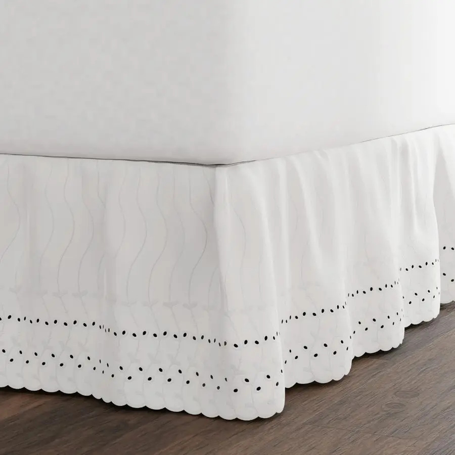 

Eyelet Bed Skirt, Ruffled Design, 14 Inch Drop, Embroidered Scalloped Edge, King, White