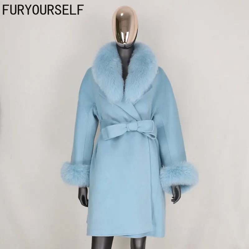 

FURYOURSELF 2023 Real Fur Coat Winter Jacket Women Natural Fox Fur Collar cuffs Cashmere Wool Blends Long Outerwear Belt loose