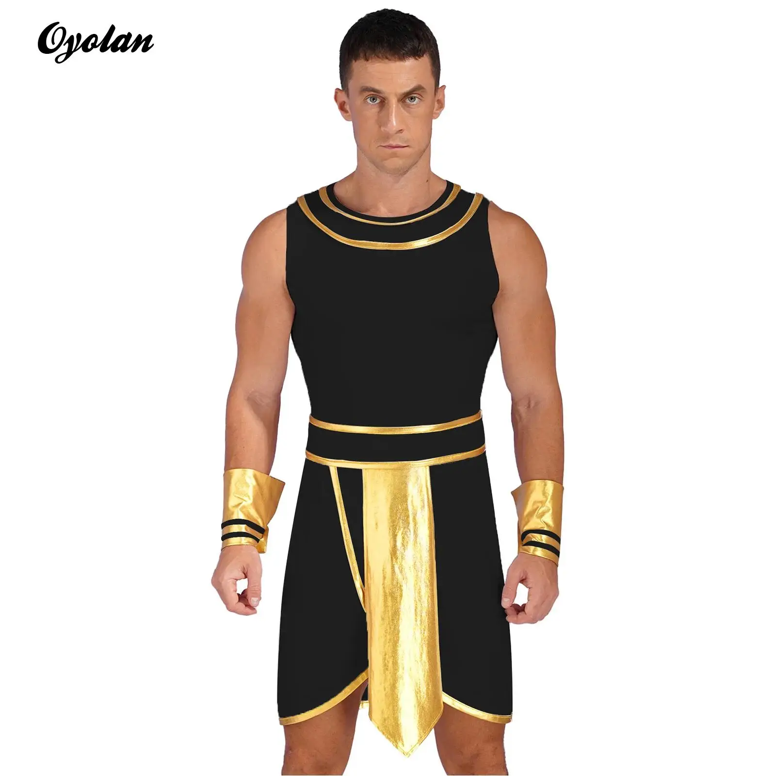 

Mens Ancient Egypt Fancy Dress King Cosplay Pharaoh Halloween Theatrical Costume Fantasia Ancient Egypt Cosplay Dress with Cuffs