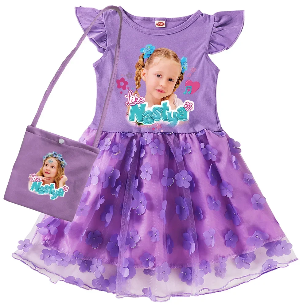 Russian Like Nastya Clothes Kids Wedding Party Lace Dress Baby Girls Short Sleeve Casual Dresses with Small Bag Children Vestido