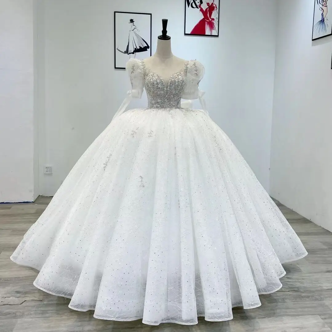 

Exquisite Wedding Dresses Ball Gown Jewel Half Sleeve Pearls Bead Applique on Tulle Bride Dress White Custom Made Robe De Mariée