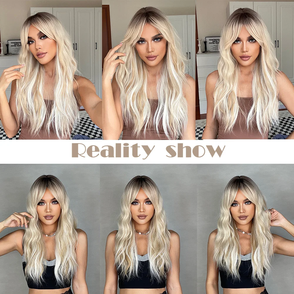 Long Blonde Platinum Wigs Natural Wavy Synthetic Wig for Women Afro Cosplay Party Wig Heat Resistant Long Culry Hiar With Bangs