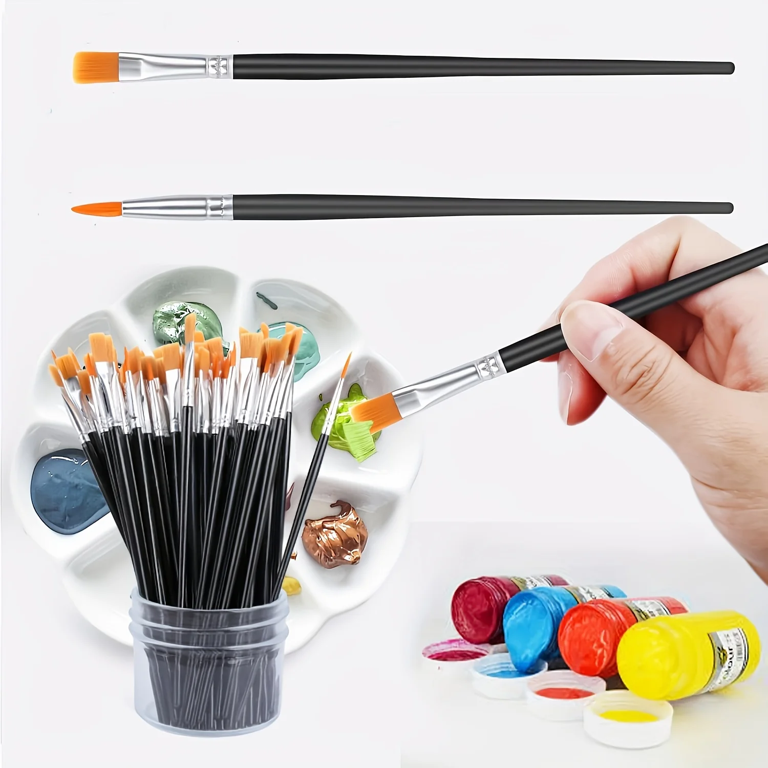 100 Stück schwarze Nylon-Pinsel mit flacher und runder Spitze, geeignet für Ölmalerei, Aquarell, Leinwand – Detail 4