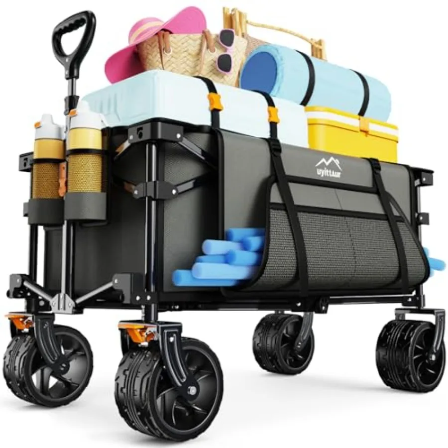 Heavy Duty Foldable Wagon Cart for Beach Camping Outdoor Activities, Steel Frame Grey with Big Sand Wheels, Side Pocket Brakes