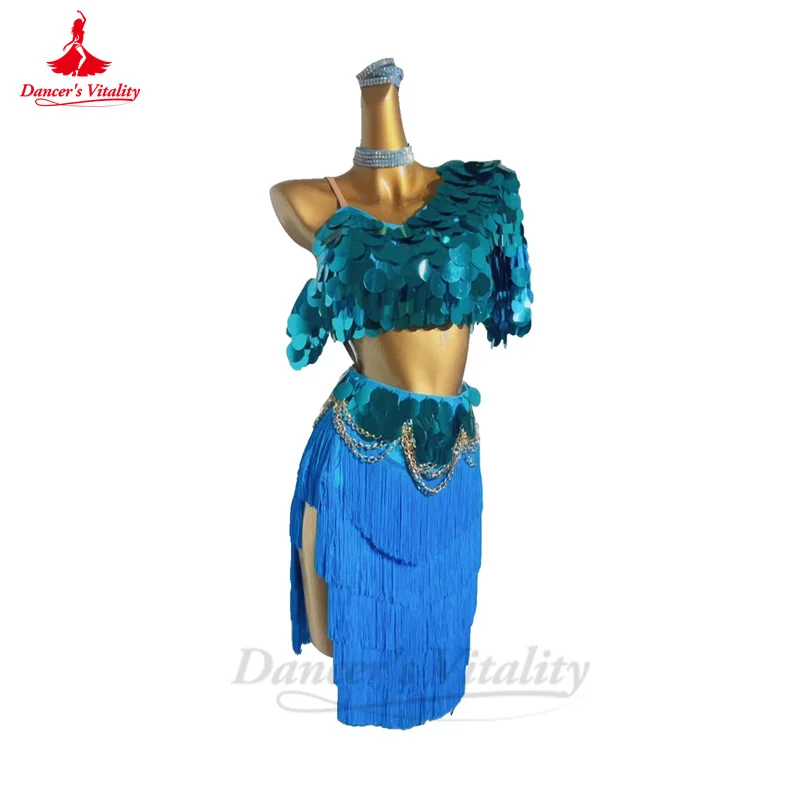 Latin Dance Competiton Costume Set for Women Senior Sequins Top+tassel Skirt 2pcs Customsized Adult Chldren Latin Dance Outfit