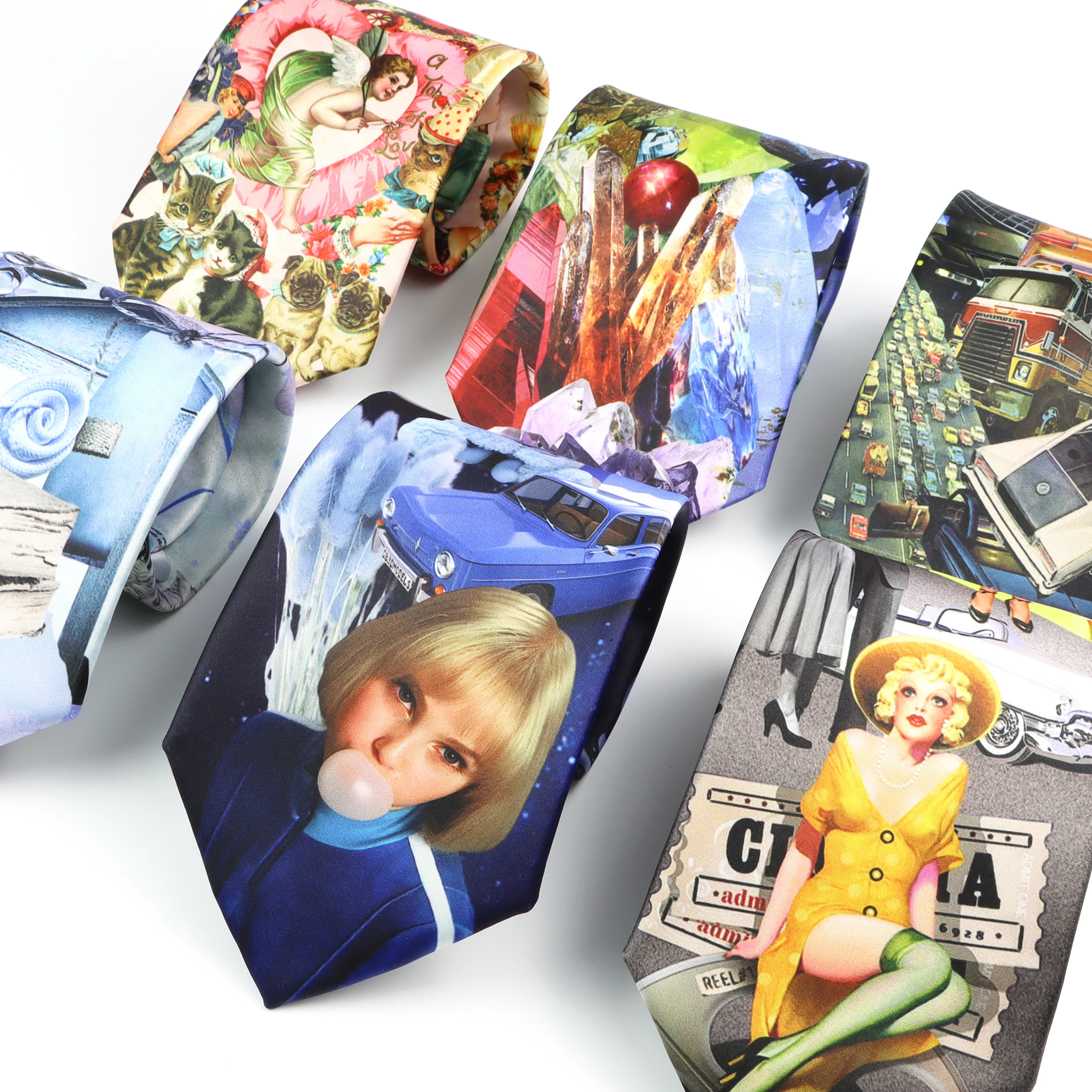 New Design Vintage Imitation Silk Ties Modern Girl Graffiti Painting Print Necktie  For Men Wedding Party Business Cravat