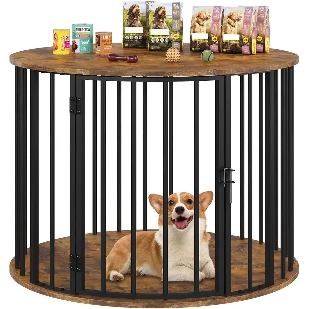 

32 Inch Rustic Brown Wooden Dog Crate, Large-Medium Dog Kennel, Indoor Decorative Pet House Side Table