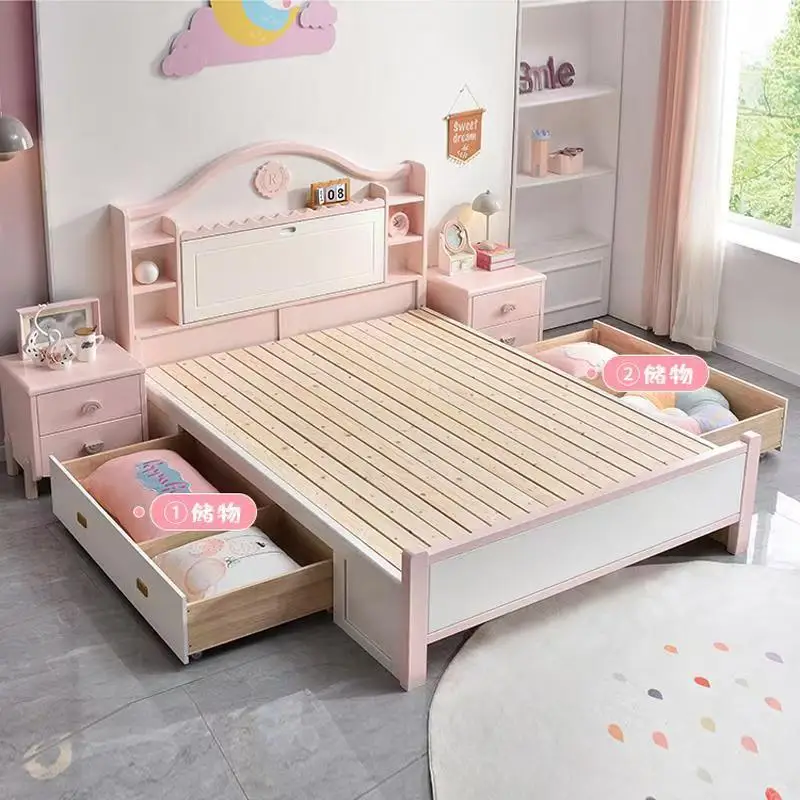 *Wood Beds Queen Size Kids Storage Bed Solid Wood Frame Girls pink Blue Boys Design Wooden Bed for Wholesale