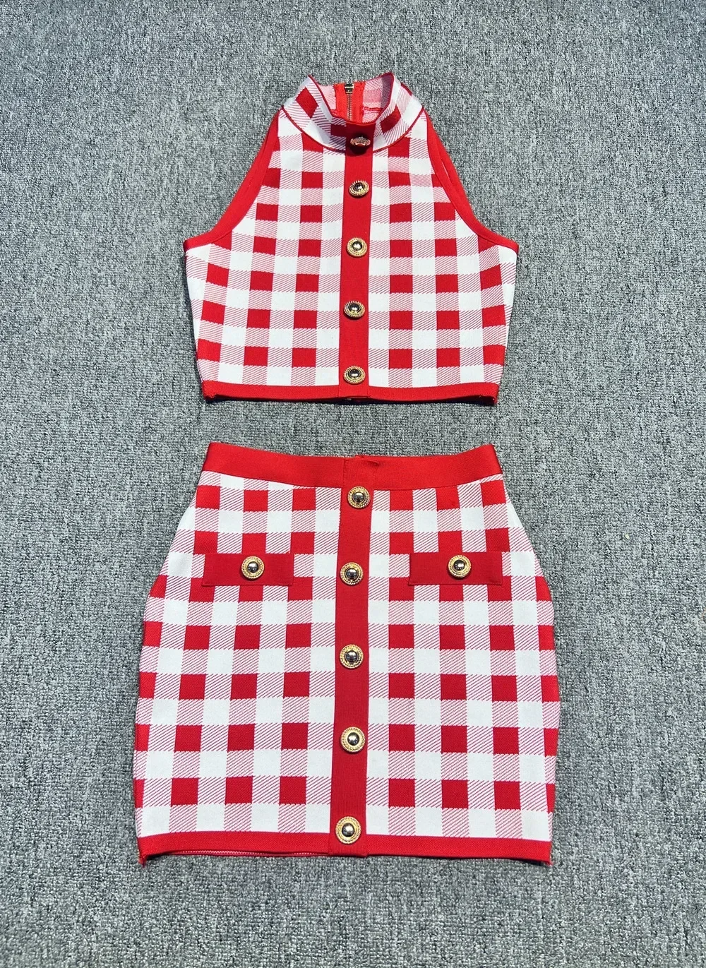 2 Piece Sets Women Outfit 2024 Summer Fashion Vintage Red Plaid Female Clothing Tight Bandage Skirt Suit With Button