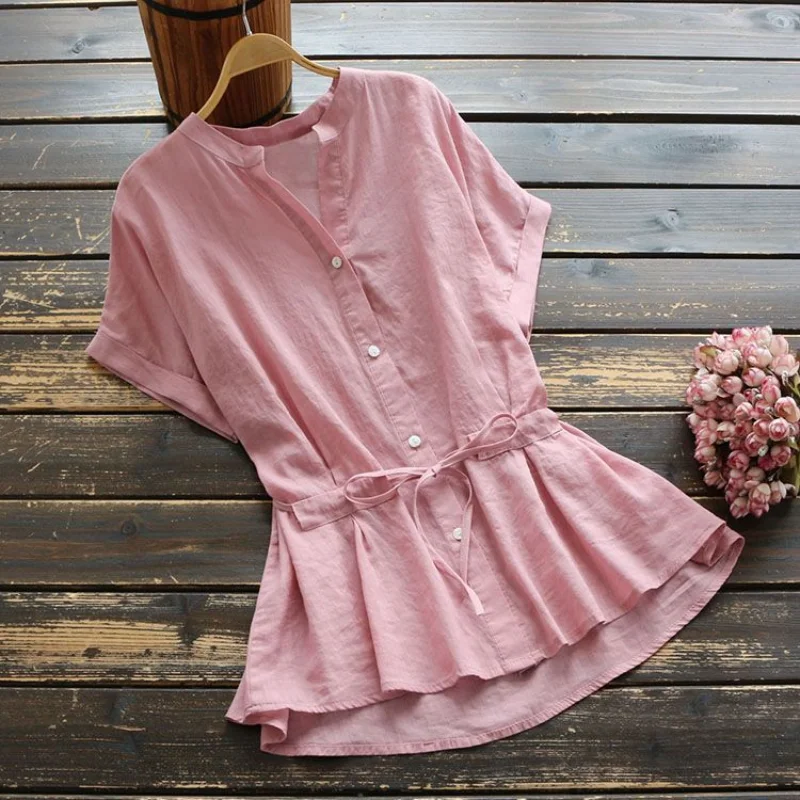 

Vintage Lacing Button Blouse Summer New Short Sleeve Solid Color V Neck Loose Drawstring Shirt Tops Fashion Casual Women Clothes