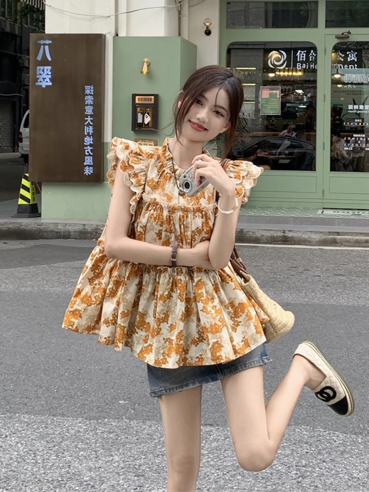 

French O-neck Floral Feifei Sleeve Orange Tierred Shirts Women Summer Retro Harajuku Niche Folds Sleeveless Loose Vest Tops