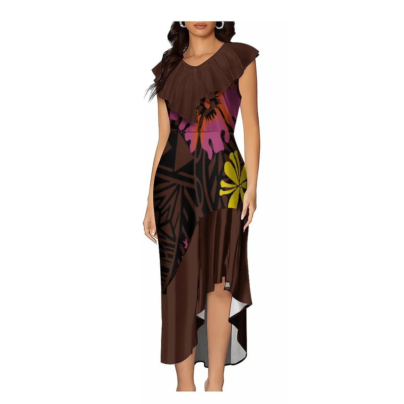 Custom Women'S Short Sleeve Dress Polynesian Tribe Designs Comfortable Women'S Dresses With Long Irregular Skirts