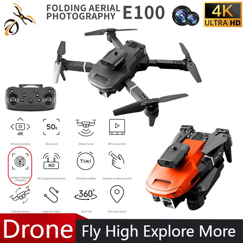 Mini drone para evitar obstáculos de quatro lados e100, dobrável, hd 4k, fotografia aérea, quadricóptero, helicóptero, controle remoto, brinquedos