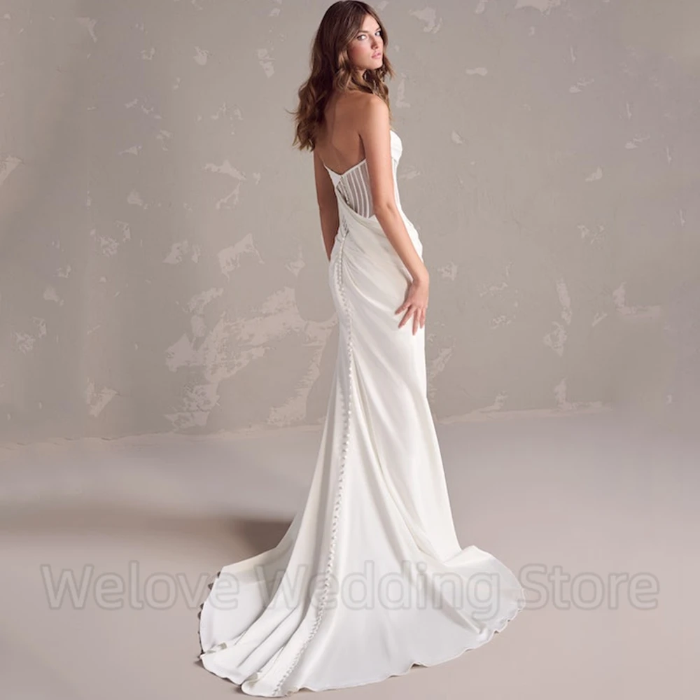 Charming Pleat Strapless Wedding Dress Sexy Side Slit Mermaid Floor Length Open Back Women Sweep Train Zipper Custom Gowns