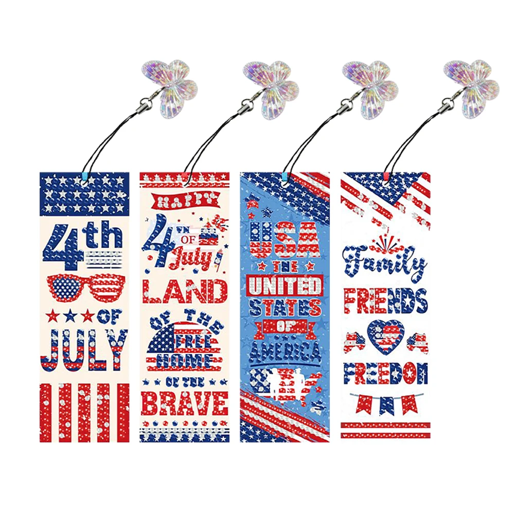

4Pcs Special Shaped American Independence Day 5D DIY Diamond Art Book Mark DIY Diamond Bookmark with Crystal Pendant for Adults