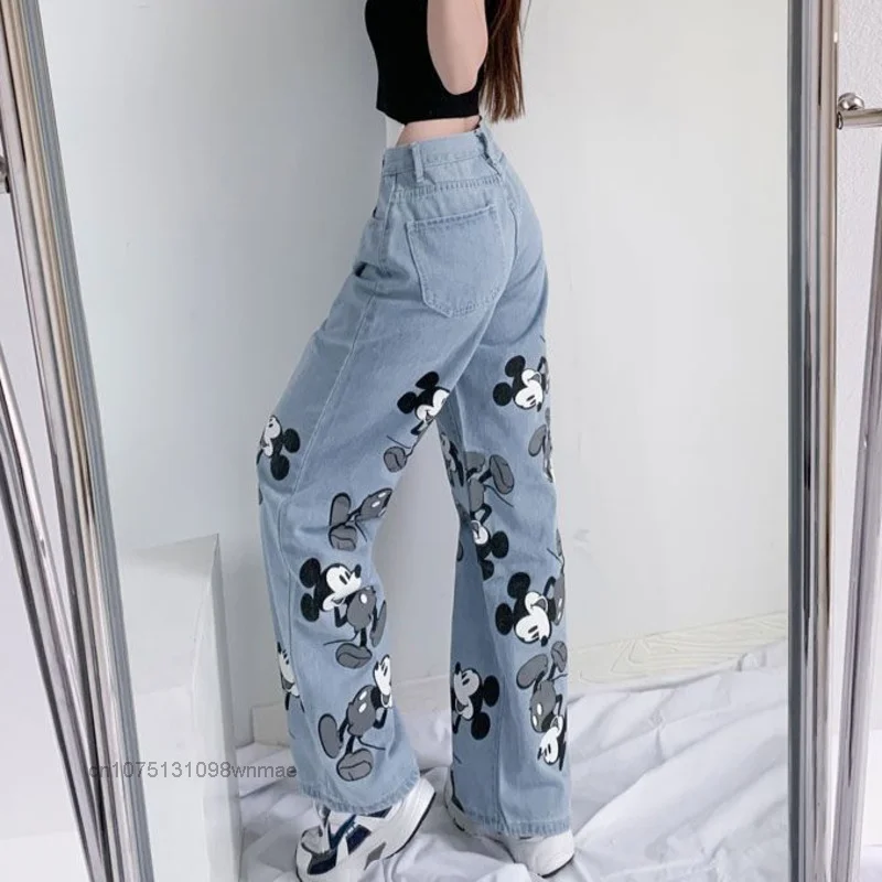 Disney Cute Trendy Cartoon Print Mickey Mouse Jeans for Women New Couple Casual Wide Leg Denim Pants Autumn Trousers Clothes