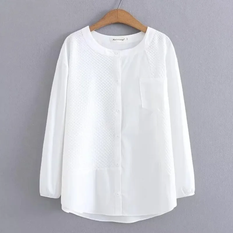 4XL Plus Size White Shirt Women 2023 Spring Stand Collar Single Pocket Cotton Blouse Long Sleeve Tops Oversized Curve Clothes