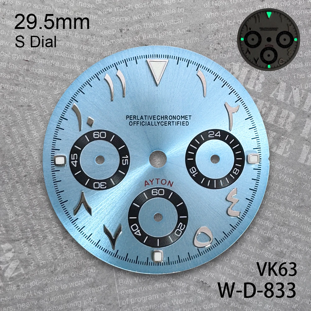 29.5mm DTN Panda Arab S Dial Fit VK63 Quartz Movement Green Luminous High-Quality Watch Modification Accessories