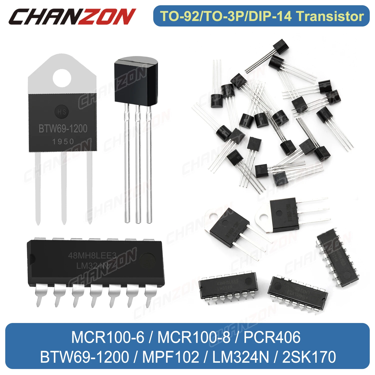

TO-92 MCR100-6 MCR100-8 PCR406 BTW69-1200 Thyristor MPF102 RF Amplifier LM324N Adjustable Voltage Regulator 2SK170 Transistor