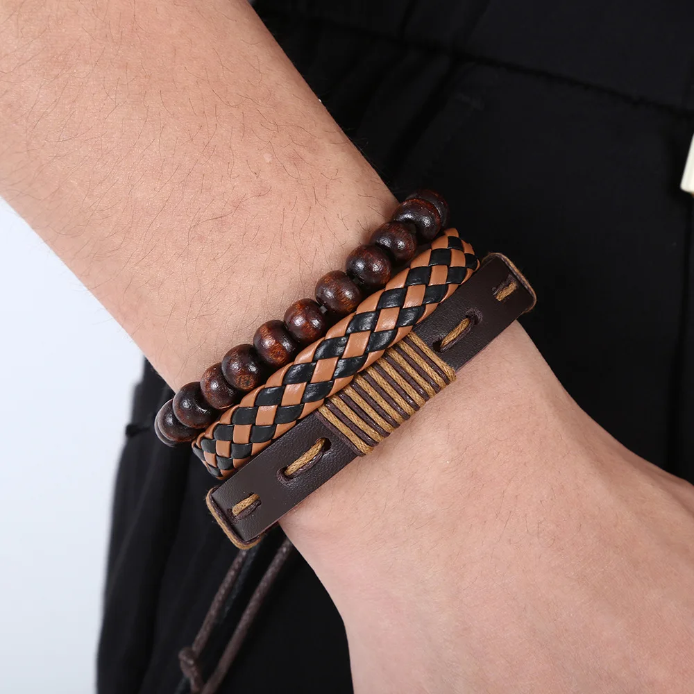 3/4Pcs/ Set Braided Wrap Leather Bracelets For Men Vintage Tree of Life Charm Charm Beads Fashion Wristbands Jewelry Accessories