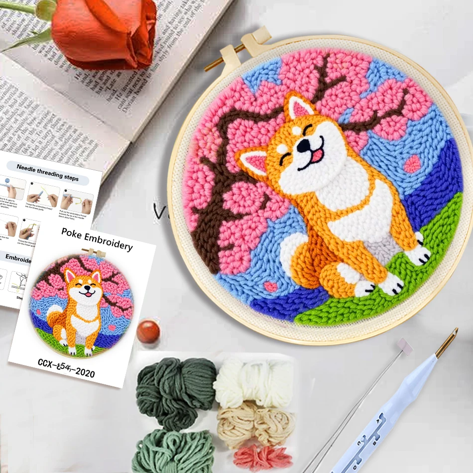 Punch Needle Kit With Embroidery Hoop Flower Pet Fruit Craft Kit for Adults Beginners Artistic Handcraft DIY Work Elegant Home D