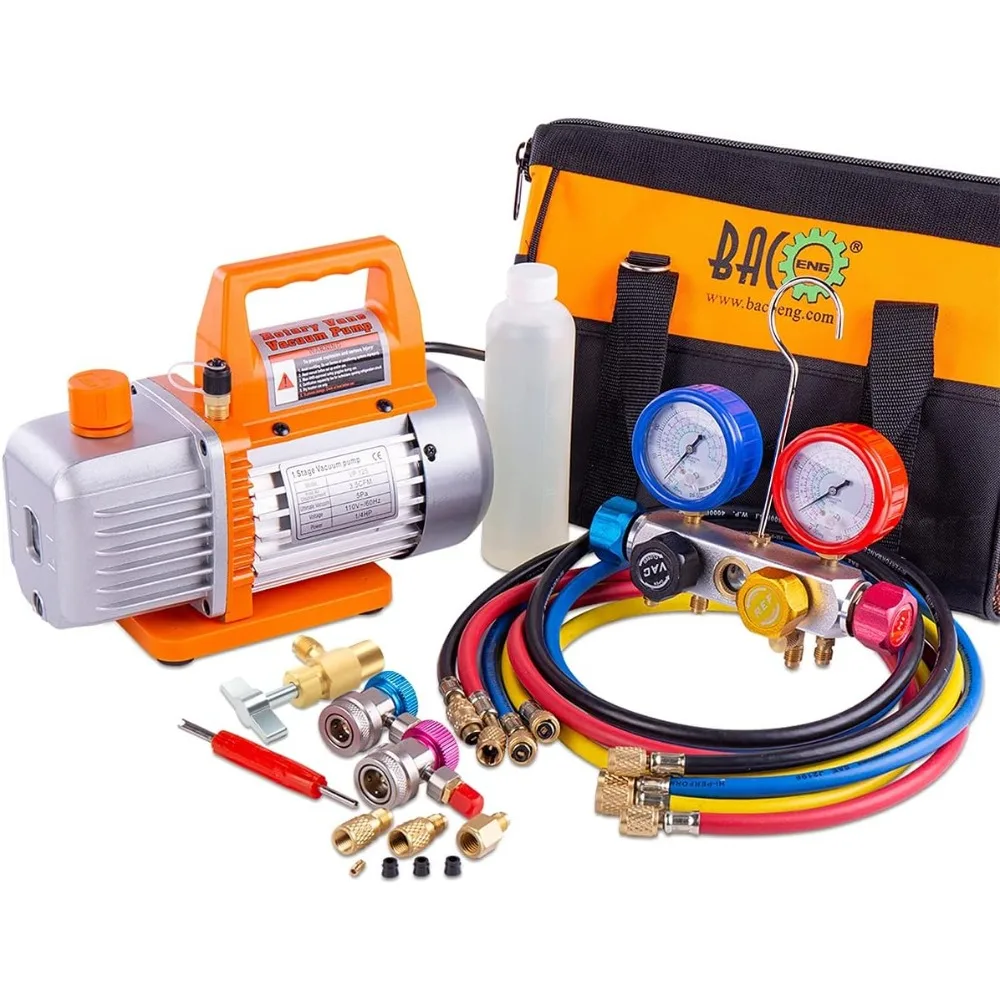 

Комплект вакуумного насоса и манометра переменного тока, 4-ходовой комплект вакуумного насоса HVAC для холодильников R134a R410a R22, с автомобильными быстроразъемными соединениями R134a