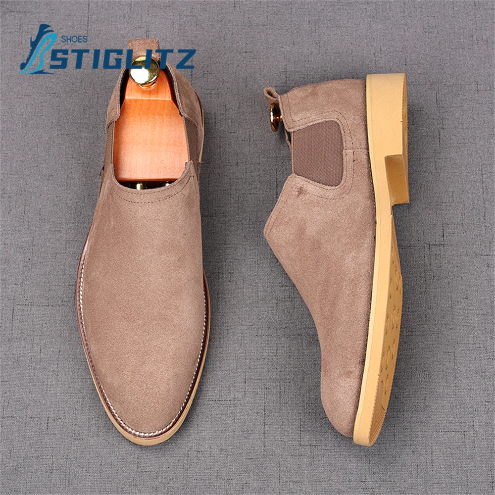 Solid Plush Suede Slip-On Loafers Men's British Style Simple Flat Casual Shoes Round Toe Square Heel Inner Heighten Men's Shoes