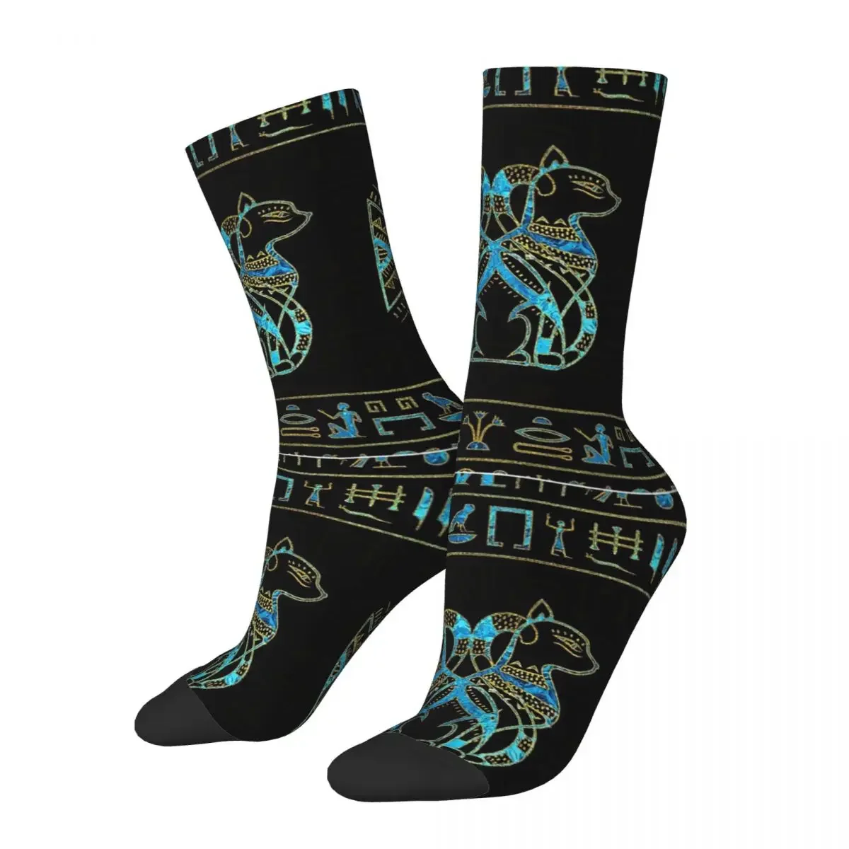 Chaussettes vintage pour hommes, chats, or et bleu, vitrail, prairie, Égypte, qualité éma enne, motif imprimé, chaussettes d'équipage, cadeau sans couture