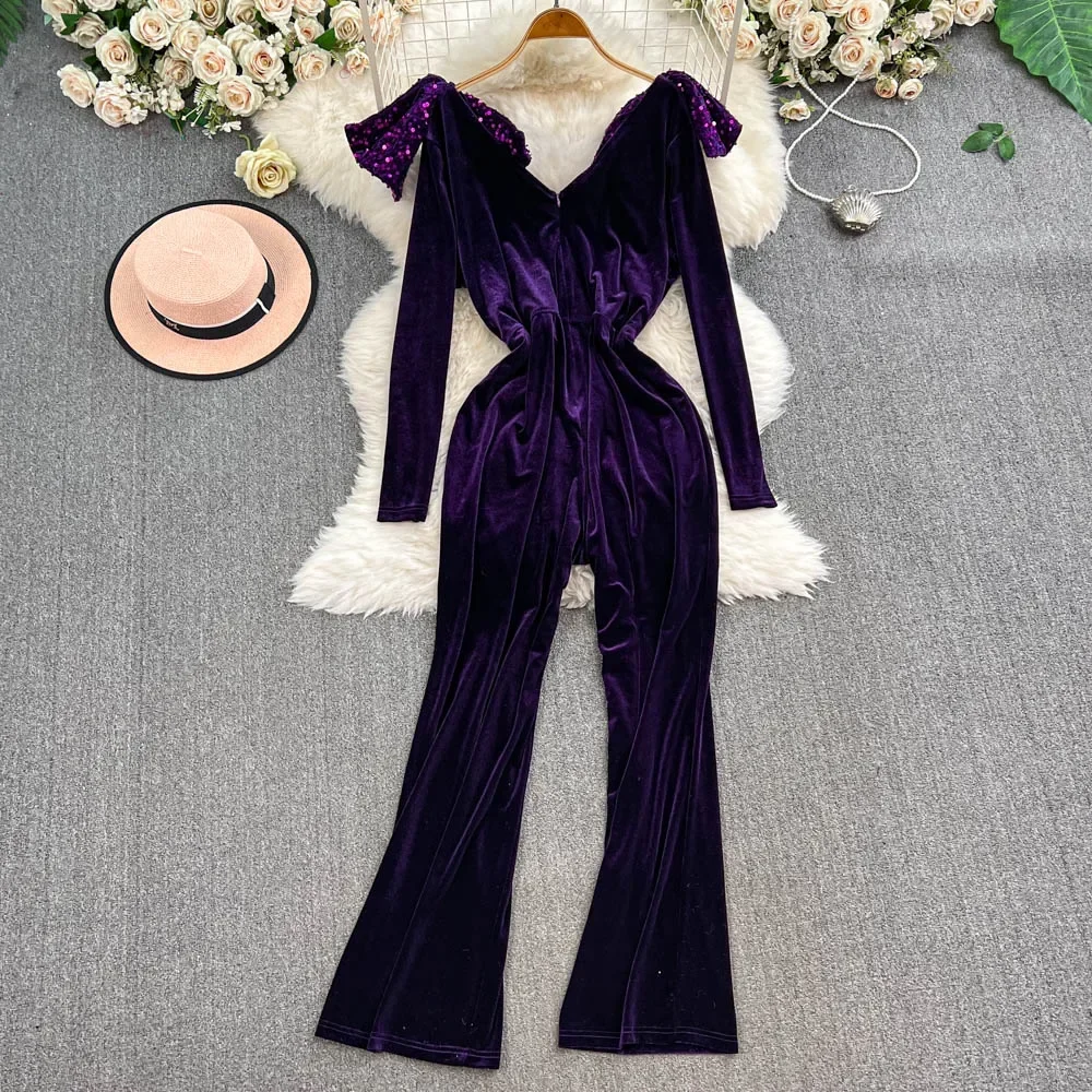 TWOTWINSTYLE Solid Patchwork Sequins Jumpsuit For Women V Neck High Waist High Street Jumpsuits Female Fashion Autumn KJU523807