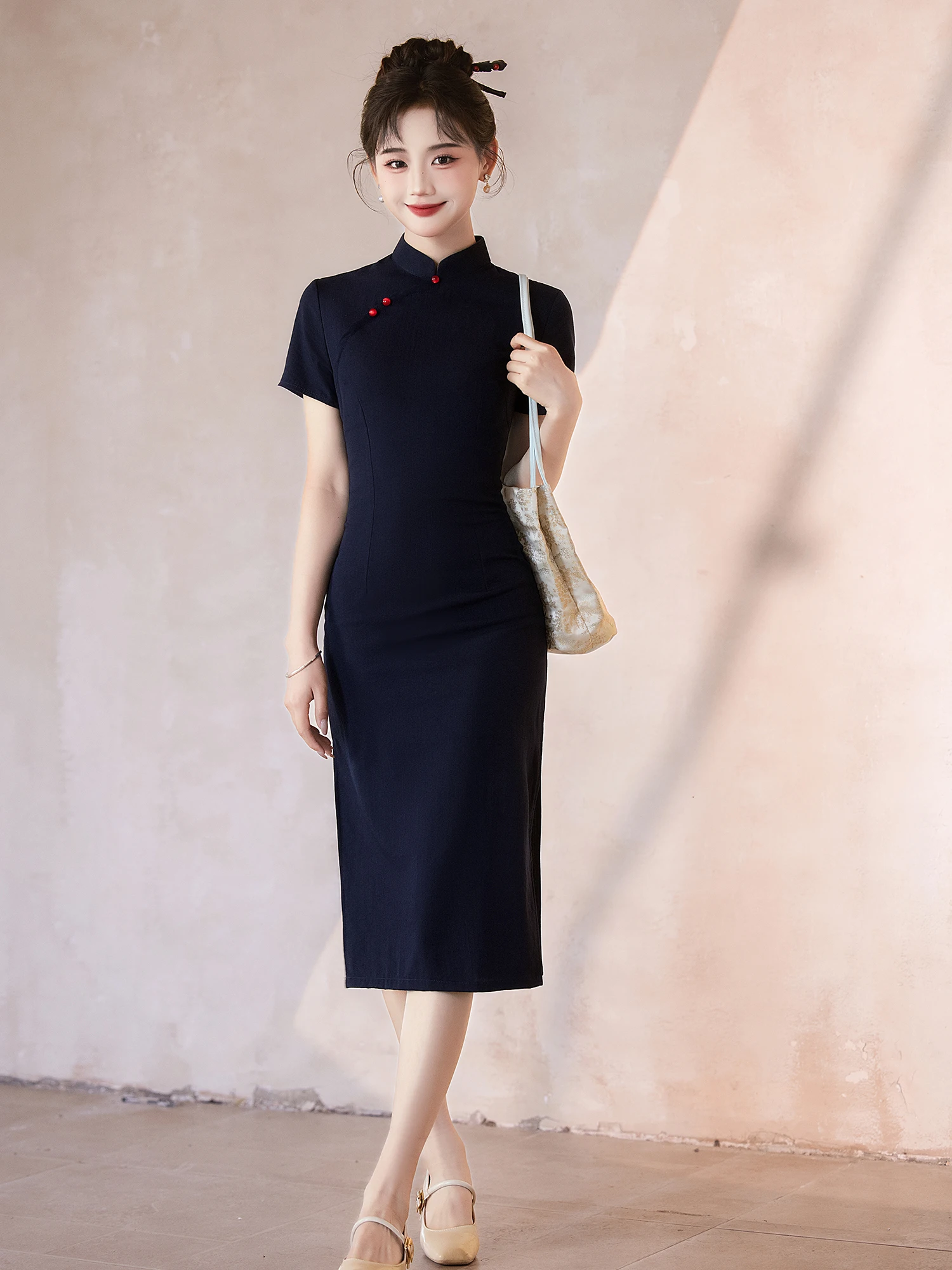 

New Retro Sle Qing Blue Dr for Women ort Sve Midi Workwear Traditional Chinese Faion Small Size Friendly