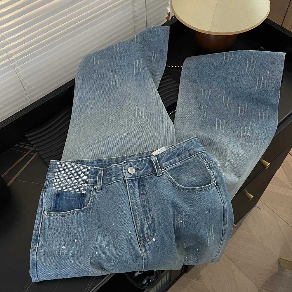 

Retro Gradient Rhinestone Straight Jeans 2026 Women's New Style Loose High Waist Wide Leg Trousers Fashion Versatile Denim Pants