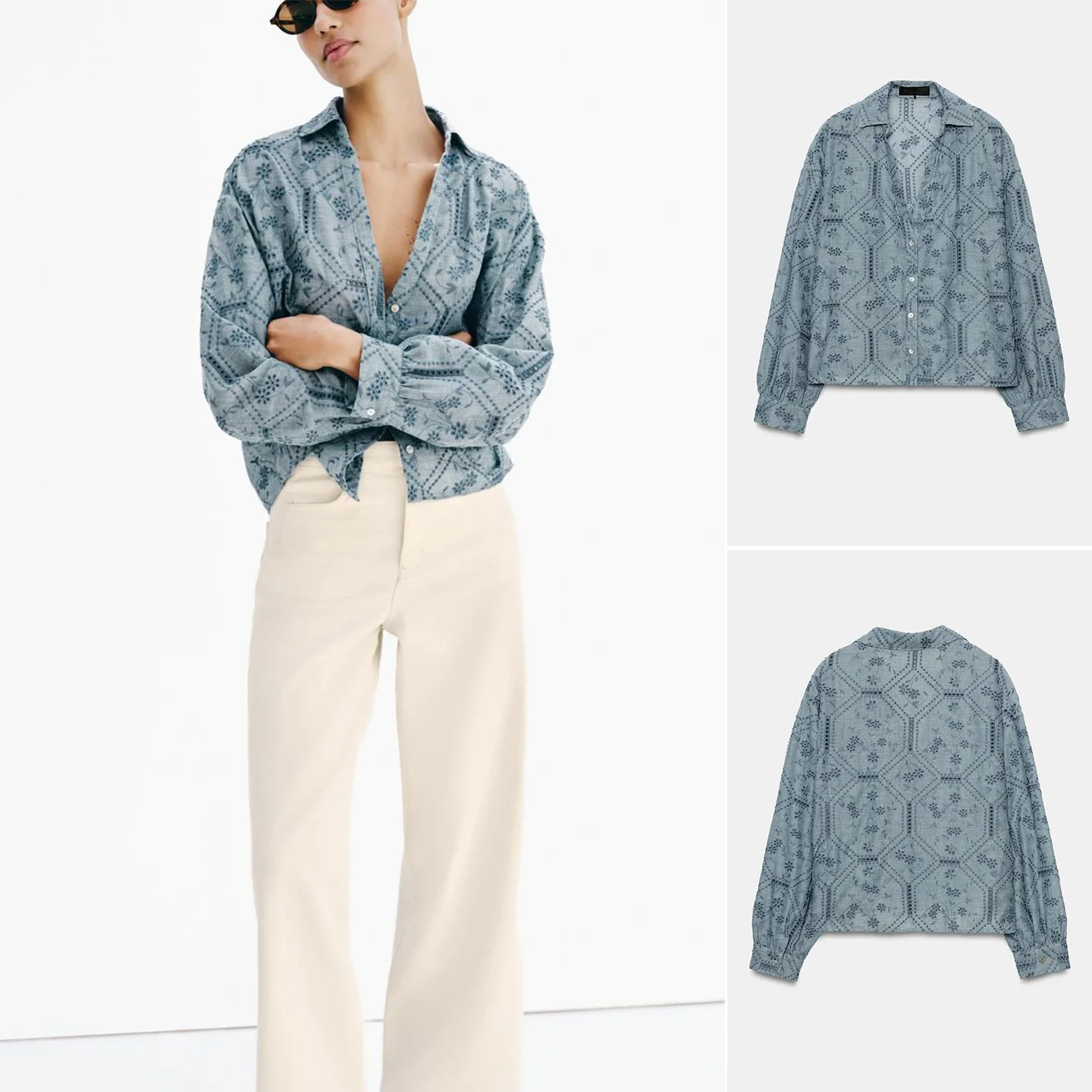 

Spring Summer New Women's Long Sleeve V-Neck Single Button Hollow out Embroidered Shirt Top Breathable Polyester Fiber Loose Fit
