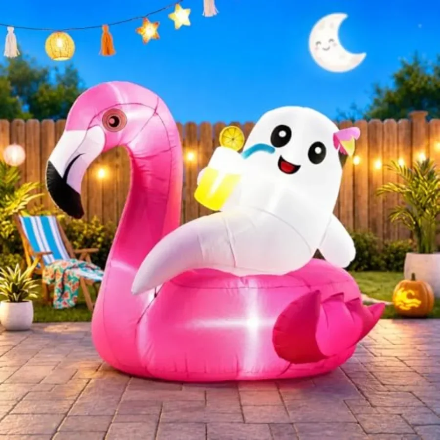 

Summerween outdoor inflatable ghost on flamingo float for yard, lawn, garden: PVC material, white and pink, UV-resistant with L