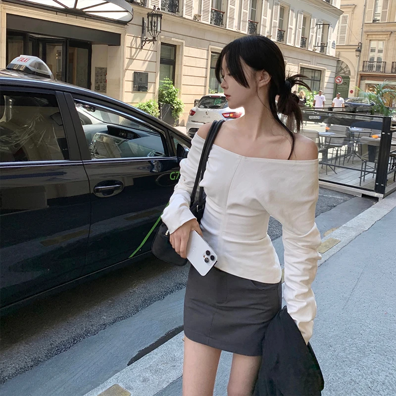 

Белый эластичный джинсовый топ на одно плечо, повседневный дизайн, топ GYO Street Sle Long Sve, смесь хлопка и полиэстера irt