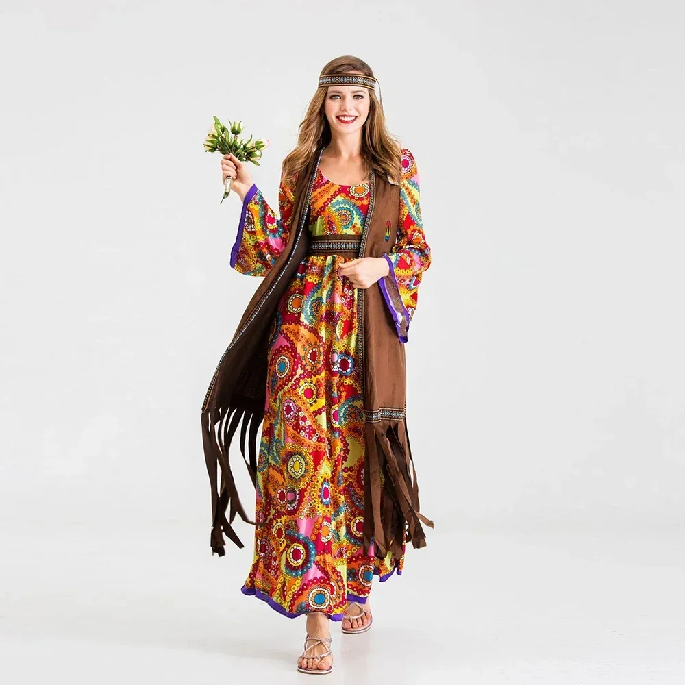 

Halloween Adult Retro Disco 60's70's Hippie Costume Purim Carnival Disguise Party Groovy Disco Native Night Club Cosplay Dress