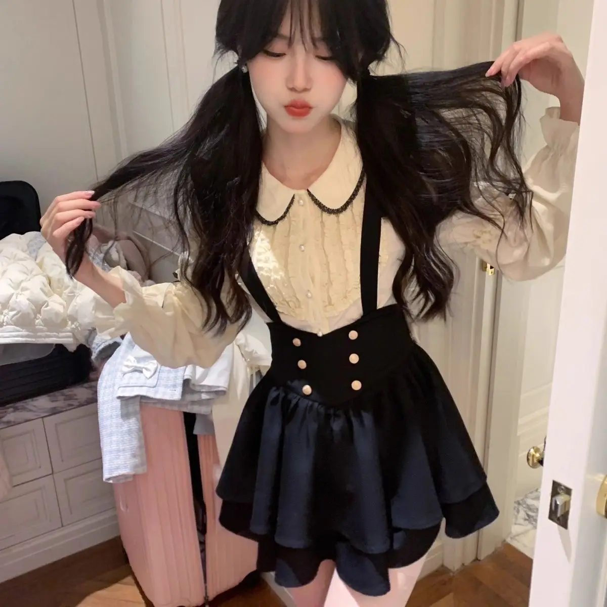 College Style Shoulder Strap Bow Dress New Spring and Autumn Pure Desire Sweet Doll Shirt Two-piece Set - Image 6