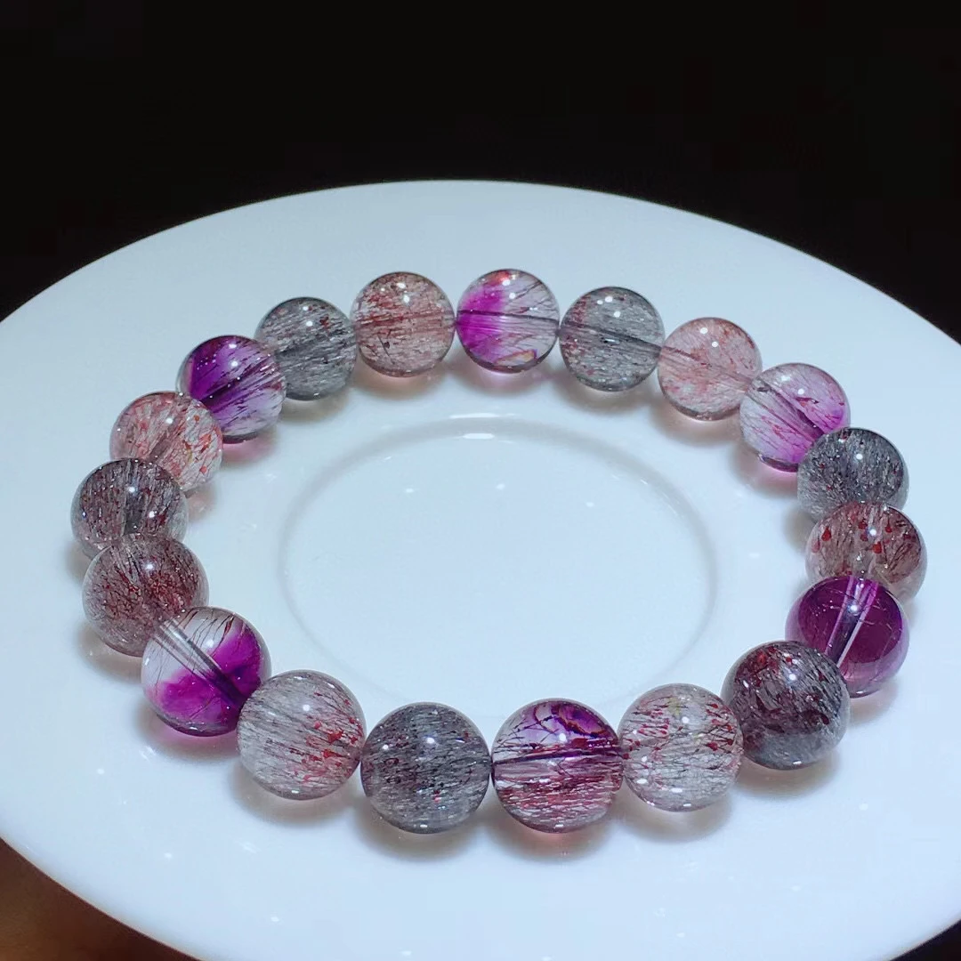 

Natural Purple Super 7 Lepidocrocite Quartz Bracelet Jewelry Woman Men 10.5mm Colorful Rutilated Quartz Clear Beads AAAAAAA