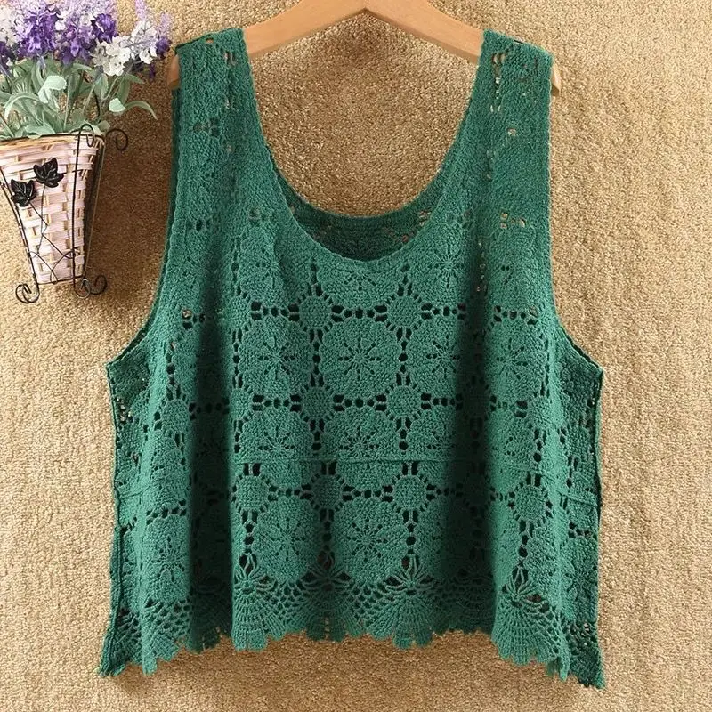 Japanese Hollow Out Summer Women's 2024 New V-Neck Spliced Hook Pattern Fashion Solid Color Loose Sleeveless Vest Knitted Tops