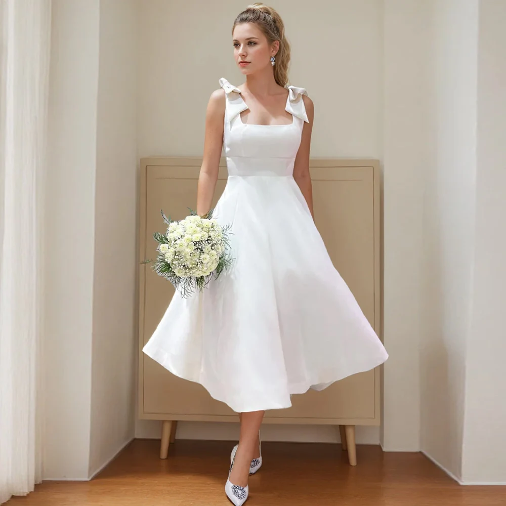 Elegant Midi Wedding Dresses Satin A-line Wedding Party Dress White Square Neck Bow Simple Bridal Gown 2024