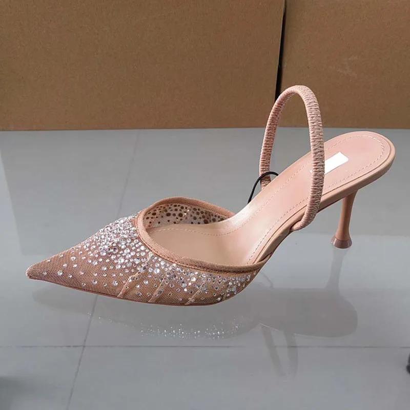 PSEEWE 2024 seksowna siatka Rhinestone damskie czółenka buty letnie Slingback sandały na wysokim obcasie kobieta szpiczaste eleganckie buty damskie