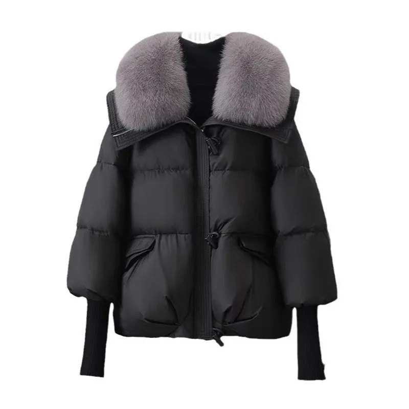 

2025 Autumn Winter New Parka Cotton Jacket Women Fashion Turndown Collar Fur Collar Pure Colour Cotton Coat Outerwear Female
