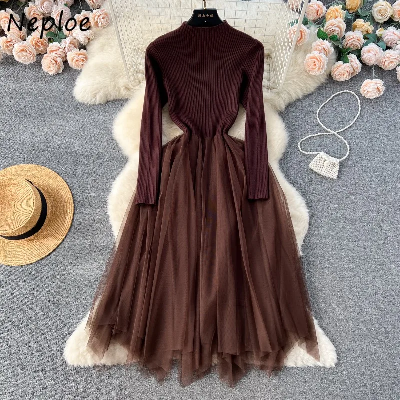 Neploe 2024 Autumn Winter Knitted Patchwork Mesh Dress Femme Simple Elegant Waist Slimming Effect Exuding Solid Color Vestidos