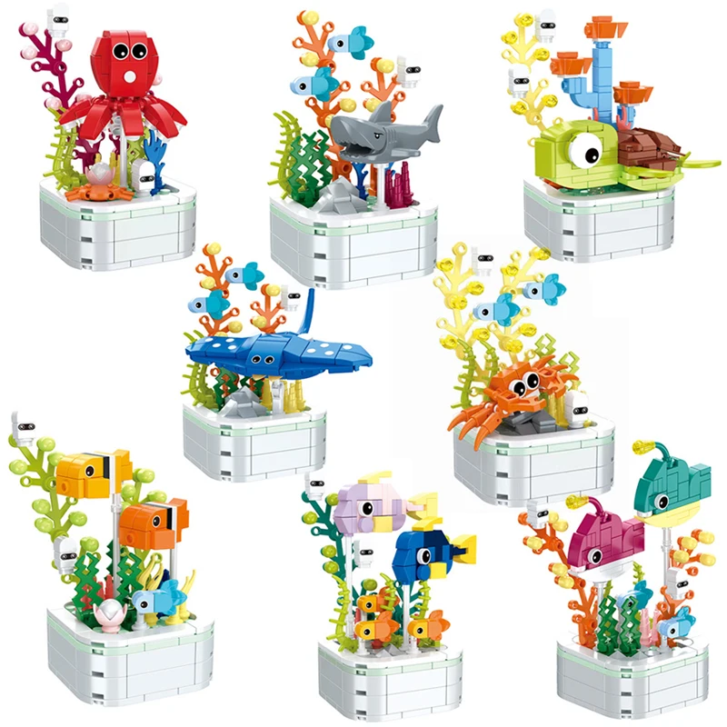 

8Pcs/Set Marine life and Seaweed Building Blocks Crab Fish Turtle Manta Shark Octopus Bricks Sea Animal Toys For Children Gift