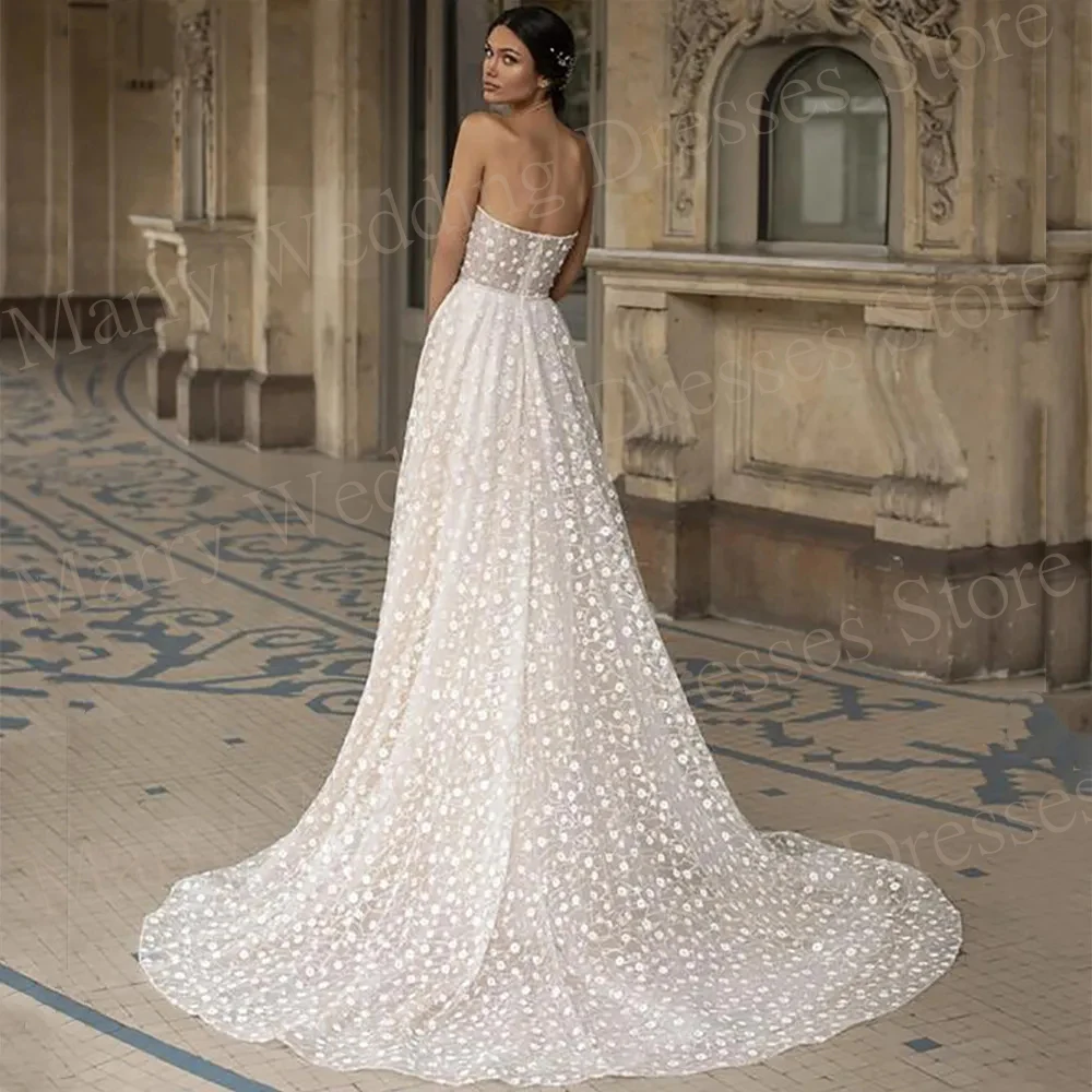 Robes de mariée sans bretelles en dentelle, ligne de fibre, longueur au sol, mariée, dos nu, simple, généreuse, chérie, fête formelle