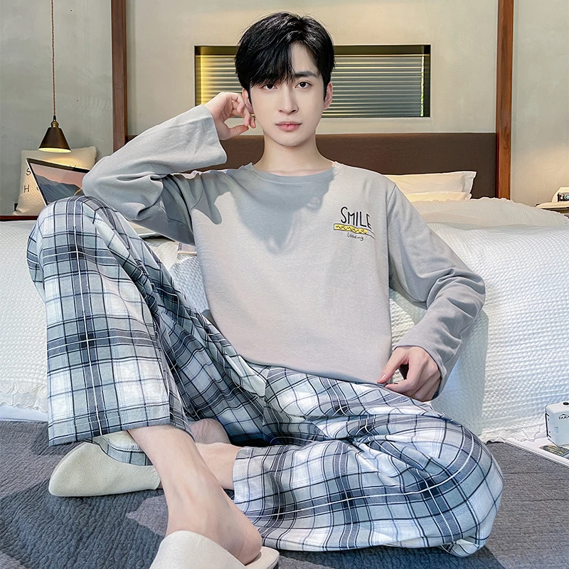 Plaid Men Pajamas Set Casual Male Sleepwear Autumn Winter Long Sleeves Long Pants Soft Pyajmas Boys Pijamas Blue Cozy Cotton Pjs