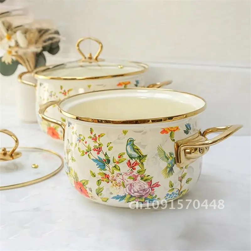 Enamel Soup Pot Retro Flower Bird Binaural Large Capacity Stew Pot with Lid Home Enamel Utensils for Kitchen Delicate Cookware